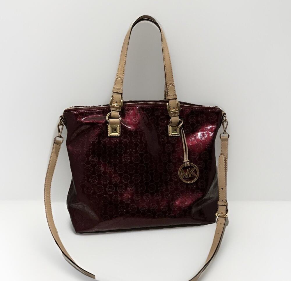 Michael Kors Burgundy Patent Satchel Bag with Logo Charm, Gold Hardware- READ